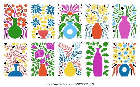 Abstract flower bouquets in vases. Decorative bouquet, design for invitation, posters or cards. Vase shapes vintage collection, trendy decent creative vector print