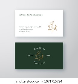 Abstract Flower Bourgeon Vector Sign or Logo and Business Card Template. Premium Stationary Realistic Mock Up. Modern Typography and Soft Shadows. Good for Flower or Wedding Boutique. Isolated.