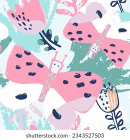Abstract flower and butterfly seamless pattern. Summer hand drawn tropical. Simple abstract florral shapes. Beach vacation background design, savannah baby apparel print. Exotic wallpaper, textile