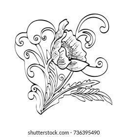 Abstract flower cartoon, vector black and white contour hand-drawn, outline monochrome illustration, coloring book, sketch. Bud, petals, stem, leaves and curls isolated on white background