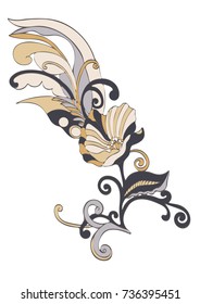 Abstract flower cartoon, vector hand-drawn. Bud fairy flower, petals, stem, leaves and curls, exquisite unusual color ornament isolated on white background