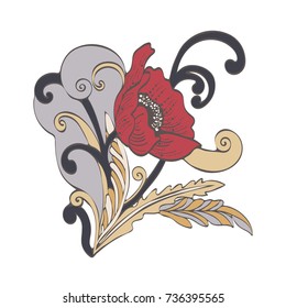 Abstract flower cartoon, vector hand-drawn. Red bud poppy flower, petals, stem, leaves and curls, exquisite unusual color ornament isolated on white background
