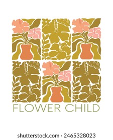Afiche de niño flor Abstractas. Vector de moda hibisco flores y hojas retro ilustración groovy. Flor tropical con mensaje de texto en estilo de arte naif.