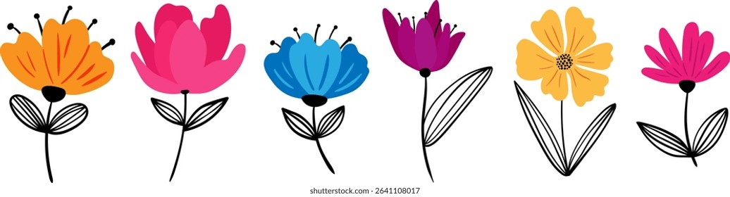 abstract flower clipart in modern minimal style colorful hand drawn floral elements black linear leaves bold spring and summer bouquet set elements design print