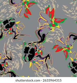 Abstract flower and colorful geometric seamless textile print pattern. colored Textured Pattern. Creative doodle with different shapes and textures. Curved doodling background
