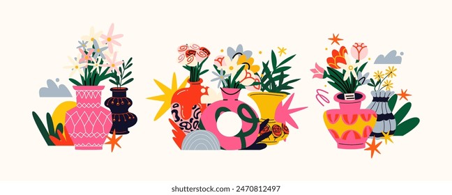 Abstract flower composition in vases, bouquets, plants. Botanical elements, cartoon decorative foliage. Blooming bouquets and abstract shapes in retro groovy doodle style