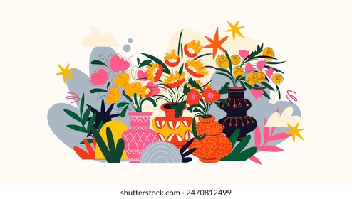 Abstract flower composition in vases, bouquets, plants. Botanical elements, cartoon decorative foliage. Blooming bouquets and abstract shapes in retro groovy doodle style