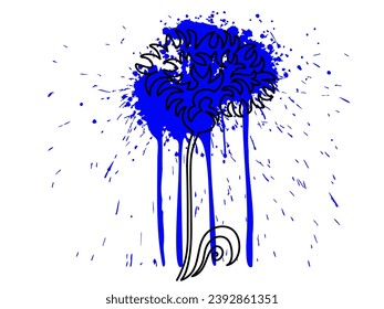 Abstract flower cornflower, continuous one line art hand drawing and drops , splashes of ink like blue blood on a white background