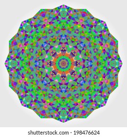 Abstract Flower. Creative Colorful style vector wheel. Circle backdrop.  Mosaic Banner of Geometric shapes. Red Green Orange Purple Lilac Blue Violet Magenta Round Mandala Background