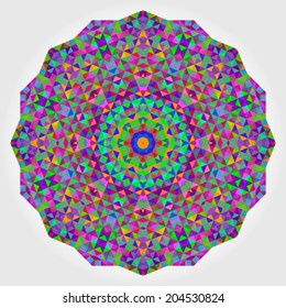 Abstract Flower. Creative Colorful style vector wheel. Circle backdrop.  Mosaic Banner of Geometric shapes. Red Green Orange Purple Lilac Blue Violet Magenta Round Mandala Background