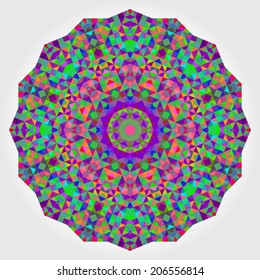 Abstract Flower. Creative Colorful style vector wheel. Circle backdrop.  Mosaic Banner of Geometric shapes. Red Green Orange Purple Lilac Blue Violet Magenta Round Mandala Background