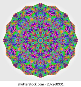 Abstract Flower. Creative Colorful style vector wheel. Circle backdrop.  Mosaic Banner of Geometric shapes. Red Green Orange Purple Lilac Blue Violet Magenta Round Mandala Background