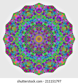 Abstract Flower. Creative Colorful style vector wheel. Circle backdrop.  Mosaic Banner of Geometric shapes. Red Green Orange Purple Lilac Blue Violet Magenta Round Mandala Background