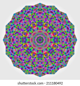 Abstract Flower. Creative Colorful style vector wheel. Circle backdrop.  Mosaic Banner of Geometric shapes. Red Green Orange Purple Lilac Blue Violet Magenta Round Mandala Background