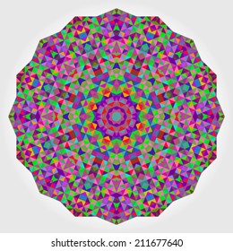 Abstract Flower. Creative Colorful style vector wheel. Circle backdrop.  Mosaic Banner of Geometric shapes. Red Green Orange Purple Lilac Blue Violet Magenta Round Mandala Background