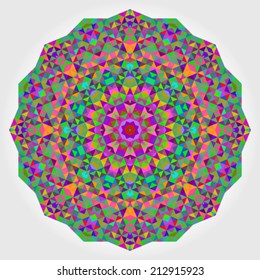 Abstract Flower. Creative Colorful style vector wheel. Circle backdrop.  Mosaic Banner of Geometric shapes. Red Green Orange Purple Lilac Blue Violet Magenta Round Mandala Background