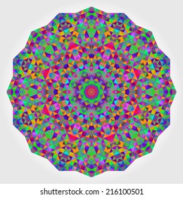 Abstract Flower. Creative Colorful style vector wheel. Circle backdrop.  Mosaic Banner of Geometric shapes. Red Green Orange Purple Lilac Blue Violet Magenta Round Mandala Background