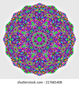 Abstract Flower. Creative Colorful style vector wheel. Circle backdrop.  Mosaic Banner of Geometric shapes. Red Green Orange Purple Lilac Blue Violet Magenta Round Mandala Background