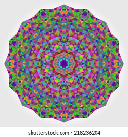 Abstract Flower. Creative Colorful style vector wheel. Circle backdrop.  Mosaic Banner of Geometric shapes. Red Green Orange Purple Lilac Blue Violet Magenta Round Mandala Background