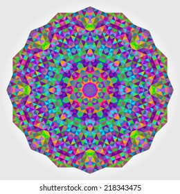Abstract Flower. Creative Colorful style vector wheel. Circle backdrop.  Mosaic Banner of Geometric shapes. Red Green Orange Purple Lilac Blue Violet Magenta Round Mandala Background