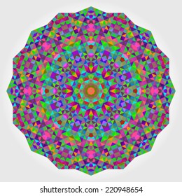 Abstract Flower. Creative Colorful style vector wheel. Circle backdrop.  Mosaic Banner of Geometric shapes. Red Green Orange Purple Lilac Blue Violet Magenta Round Mandala Background