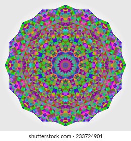Abstract Flower. Creative Colorful style vector wheel. Circle backdrop.  Mosaic Banner of Geometric shapes. Red Green Orange Purple Lilac Blue Violet Magenta Round Mandala Background