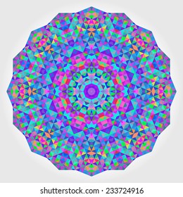 Abstract Flower. Creative Colorful style vector wheel. Circle backdrop.  Mosaic Banner of Geometric shapes. Red Green Orange Purple Lilac Blue Violet Magenta Round Mandala Background
