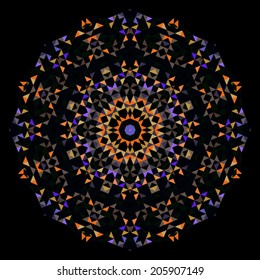 Abstract Flower. Creative Style Wheel Colorful Circle Geometric Backdrop. Orange Lilac Violet Black Color Round Digital Lace Background