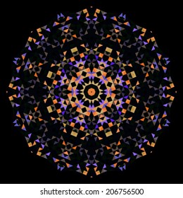 Abstract Flower. Creative Style Wheel Colorful Circle Geometric Backdrop. Orange Lilac Violet Black Color Round Digital Lace Background
