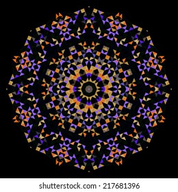 Abstract Flower. Creative Style Wheel Colorful Circle Geometric Backdrop. Orange Lilac Violet Black Color Round Digital Lace Background