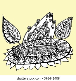 Abstract flower. Decorative flower. Stylized. Line art. Doodling. Zentangl. Black and white. Background. Drawing by hand. Mandala.