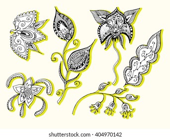 Abstract flower. Decorative flower. Stylized. Line art. Doodling. Zentangl. Black and white. Background. Drawing by hand. Mandala. Set.