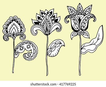 Abstract flower. Decorative flower. Stylized. Line art. Doodling. Zentangle. Black and white. Background. Drawing by hand. Mandala. Set.
