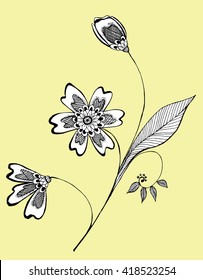 Abstract flower. Decorative flower. Stylized. Line art. Doodling. Zentangle. Black and white. Background. Drawing by hand. Mandala. Set.