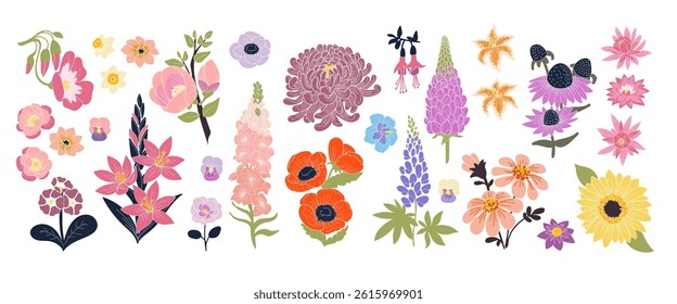 Abstract flower. Design with floral patterns. Nature art, cute doodle graphic. Plant drawing color. Chamomile rose and chrysanthemum. Modern decorative illustration. Vector botanical isolated set
