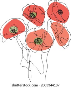 abstract flower design illustration. continuous one line drawing. red poppy flower.