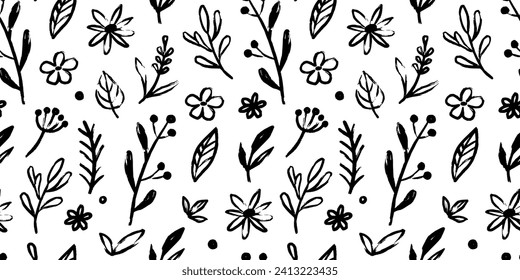 Abstract flower doodle brush seamless pattern. Sketch hand drawn spring floral plant, nature graphic leaf, scribble grunge brush texture black and white ink seamless pattern. Vector illustration