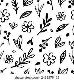 Abstract flower doodle brush seamless pattern. Sketch hand drawn spring floral plant, nature graphic leaf, scribble grunge brush texture black and white ink seamless pattern. Vector illustration