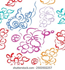 Abstract flower doodle seamless pattern. Sketch hand drawn spring floral plant, nature graphic leaf