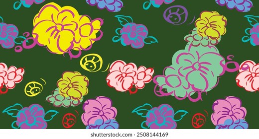 Abstract flower doodle seamless pattern. Sketch hand drawn spring floral plant, nature graphic leaf