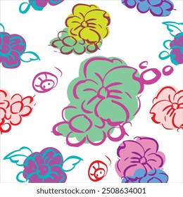 Abstractas patrón de doodle de flores sin fisuras. Planta floral de primavera dibujada a mano, hoja gráfica de la naturaleza