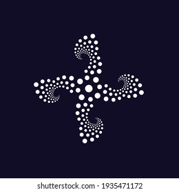 Abstract flower dots logo. Swirl, screw or rotation fan symbol. Windmill, church cross, medical cross, propeller, twisting spinner. Plus sign in point style. Octopus tentacles, vector illustration.