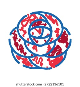Abstractas dibujo de flores que crea una forma de rosa con pétalos garabateados rojos y líneas de contorno azules, aislados sobre un fondo blanco que transmite simplicidad y expresión artística