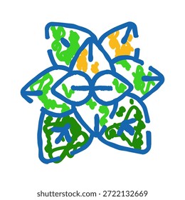 Abstract flower drawing featuring a rough, childlike doodle style with thick blue lines outlining petals filled with vibrant green and orange scribbles against a clean white background