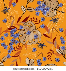 Abstract flower drawing. Realistic isolated seamless flower pattern. Vintage set. Wallpaper. Hand drawn. Vector illustration.