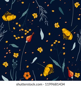 Abstract flower drawing. Realistic isolated seamless flower pattern. Vintage set. Wallpaper. Hand drawn. Vector illustration.