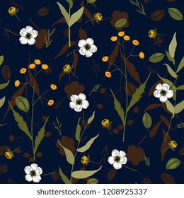 Abstract flower drawing. Realistic isolated seamless flower pattern. Vintage set. Wallpaper. Hand drawn. Vector illustration.