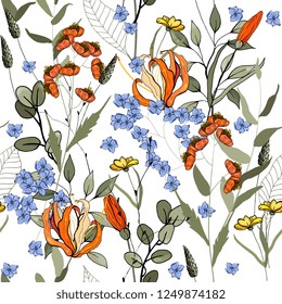 Abstract flower drawing. Realistic isolated seamless floral pattern. Hand drawn. Vector illustration.