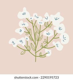 Abstract flower drawing with white blossom on pink background. Cute decorative flower gift illustration. Perfect for decoration, textile, fabric, frame etc. Botanical illustration for cute composition