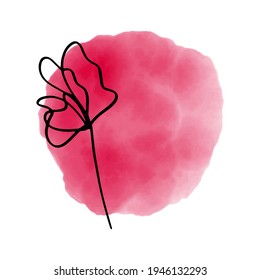 An abstract flower is drawn with a single line on a spot of watercolor paint. Abstract texture. For your text, logos